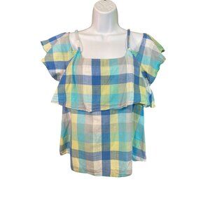 Bobeau Y2K Plaid Cold Shoulder Ruffle Top L Blue Yellow Preppy Boho Chic
